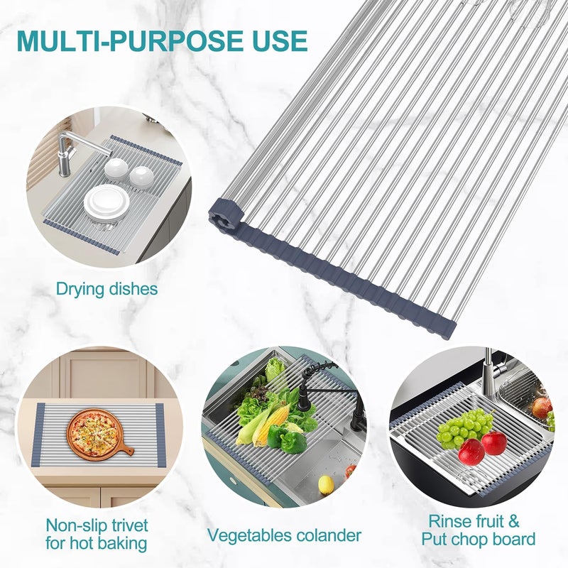 BBXTYLY Extra Large Expandable Roll Up Dish Drying Rack,Over The Sink Drying Rack Sink Cover Kitchen Sink Accessories Kitchen Rolling up Stainless Steel Drainer, Foldable,Rollable（Grey，22.8''-17''） - Image 5